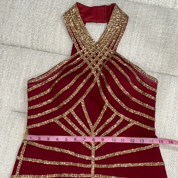 Halter Gold Burgundy Red Short Sparkle Fringe Showgirl Stage Dance Flapper Dress - Picture 6 of 12